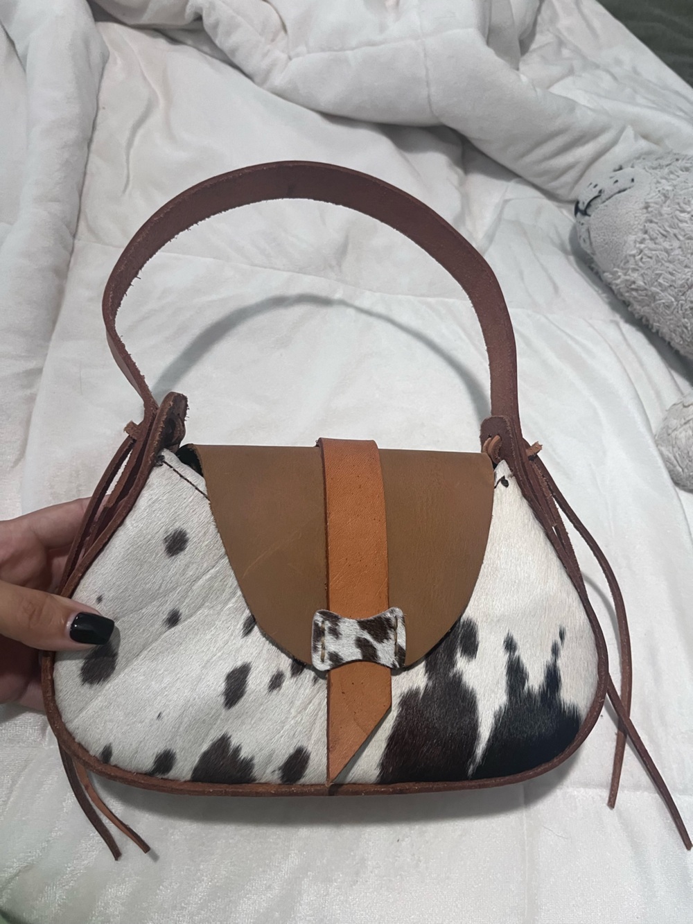 Leather and Cowhide Crossbody Bag in Brown and White